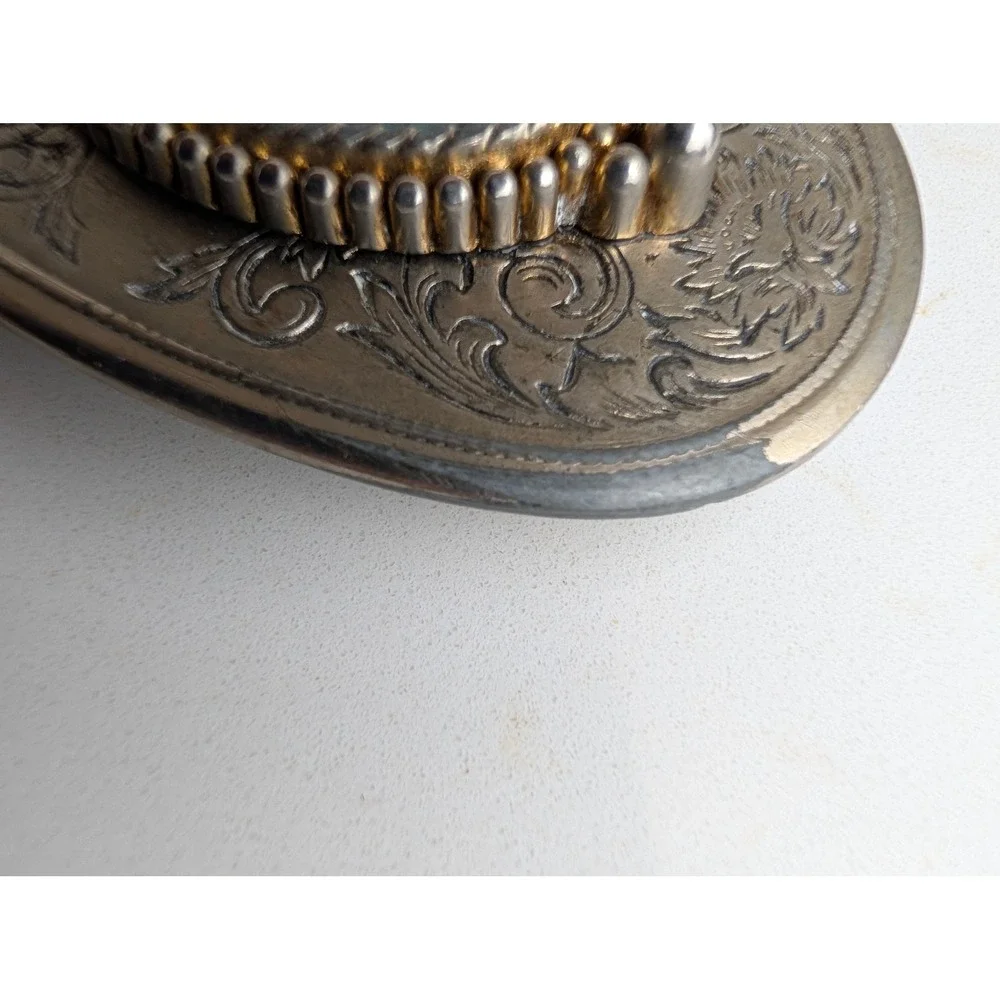 Vintage Western Belt Buckle Faux Turquoise Oval Floral Engraved Silver Tone